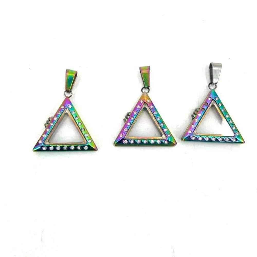 Set Of 3 Iridescent Triangle Jewel Embedded Window Hinge Open Pendant Jewelry